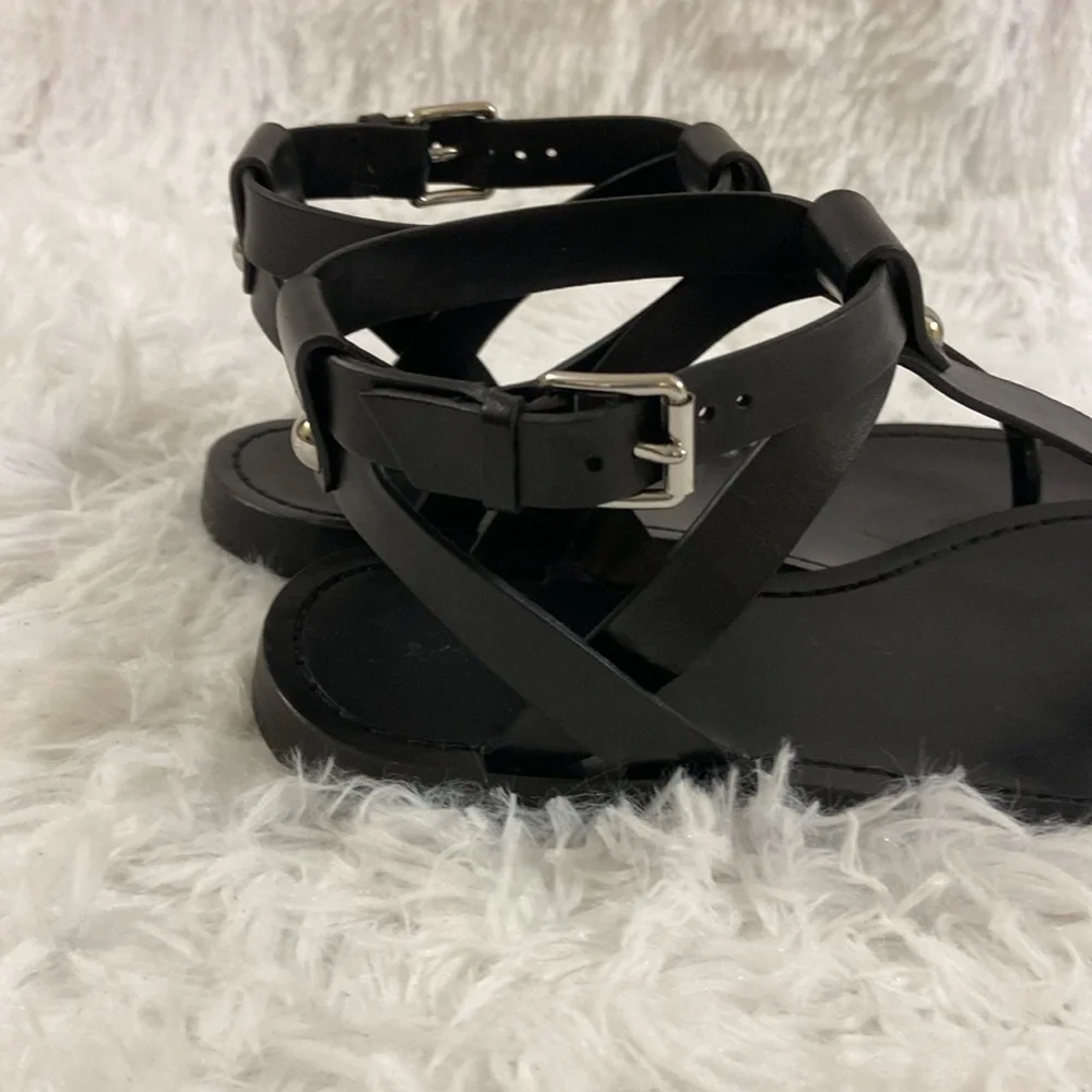 & OTHER STORIES WOMEN BLACK T FRONT GENUINE LEATHER ROMAN STYLE SANDALS.SIZE-7